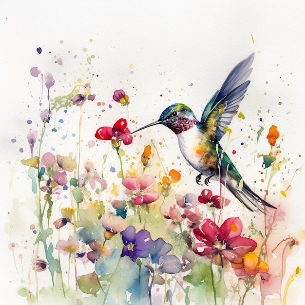 Un colibri dans un champ de fleurs sauvages printanières aquarelle fond blanc vierge générer ai