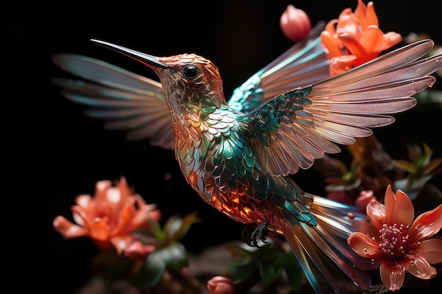 Colibri dans le jardin des fleurs étincelantes IA générative