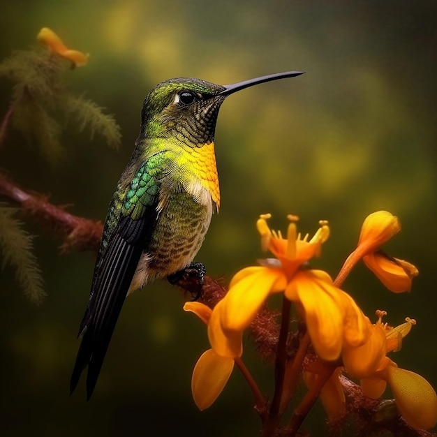 Un colibri est assis sur une branche avec une fleur jaune en arrière-plan.