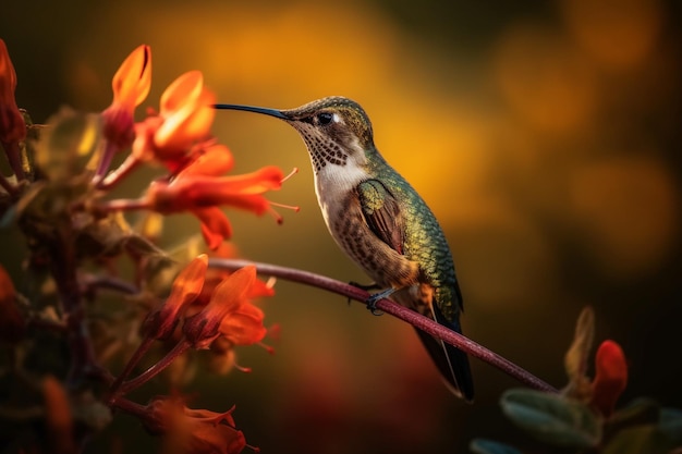 Un colibri est assis sur une branche avec des fleurs orange en arrière-plan.