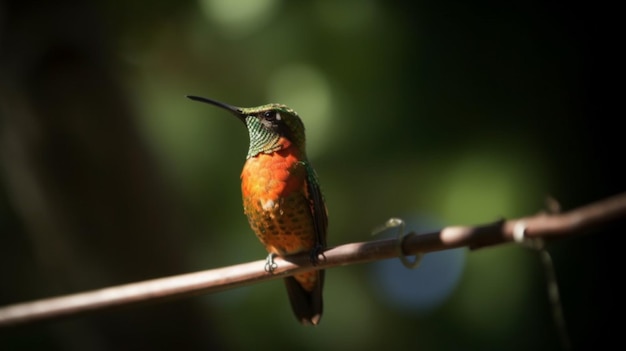 Un colibri est assis sur une branche avec un fond vert.