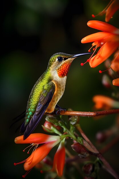 Un colibri est assis sur une fleur dans le désert