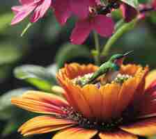 Photo un colibri est assis sur une fleur avec une fleur rose derrière.