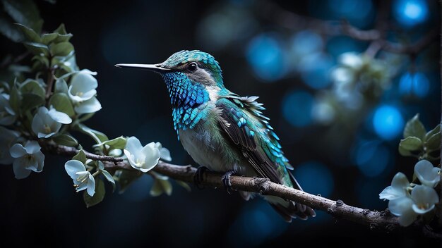 Un colibri est perché sur une branche avec des feuilles vertes et des fleurs blanches en arrière-plan