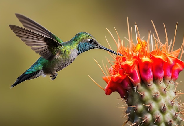 Un colibri est sur le point de manger une fleur.