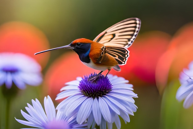 Un colibri sur une fleur avec un arrière-plan flou