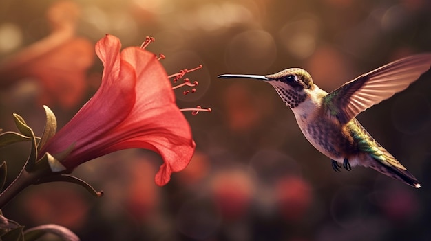 Un colibri et une fleur rouge