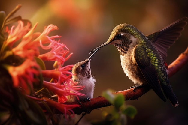 Un colibri et une fleur sont perchés sur une branche.