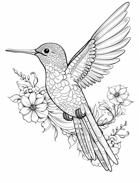 Photo un colibri avec des fleurs et des feuilles sur un fond blanc