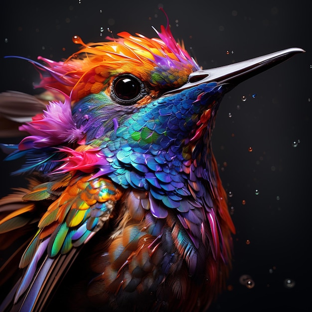 Colibri avec des fleurs sur fond sombre Collage Generative AI