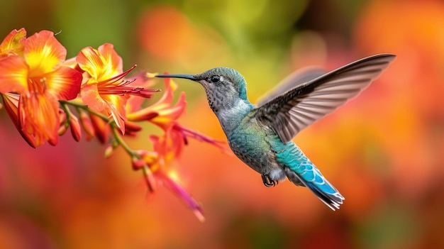 Un colibri à la gorge scintillante s'approche des fleurs d'orange avec un bokeh d'automne