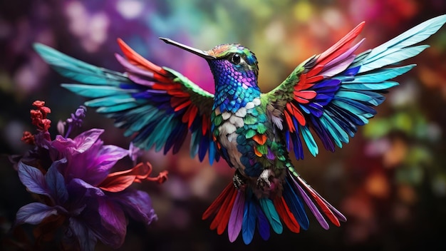 Colibri lumineux multicolore près de la fleur ai générative