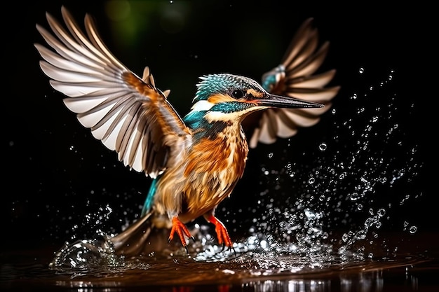 Un colibri majestueux déployant ses ailes et éclaboussant dans l'eau Generative AI