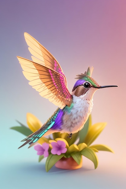 Un colibri mignon et coloré volant avec un fond coloré