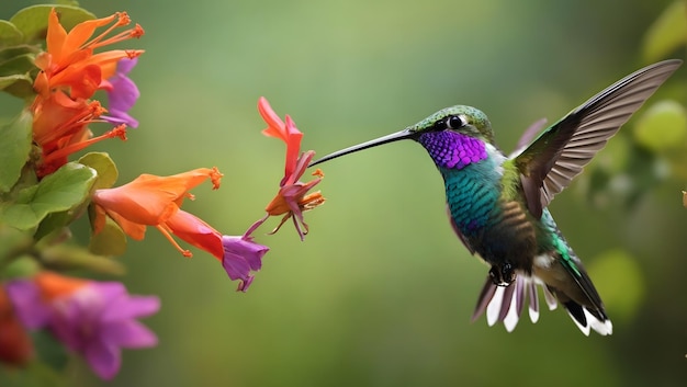 Colibri oreille violette verte Colibri thalassinus volant pour ramasser le nectar