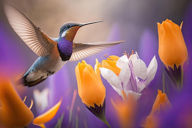 Colibri planant au-dessus d'une fleur de crocus colorée créée avec une IA générative