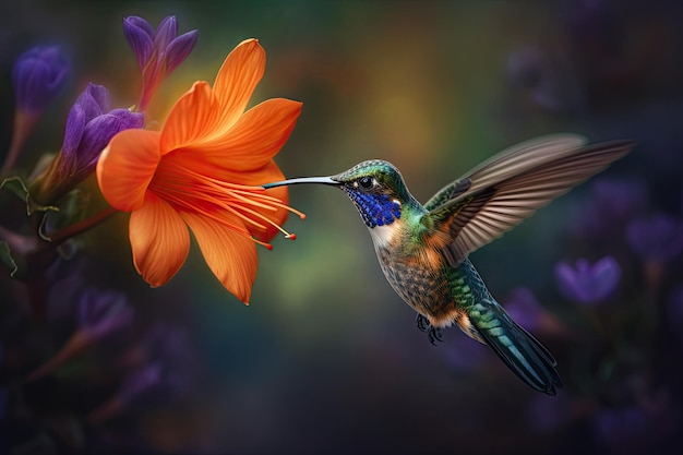 Colibri planant au-dessus de fleurs orange remplies de pollen Generative AI