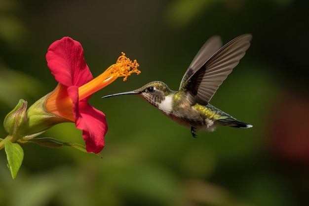 Un colibri planant devant une fleur