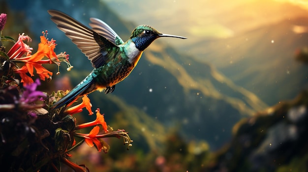 Colibri planant répandant des ailes irisées dans la nature générée par l'IA