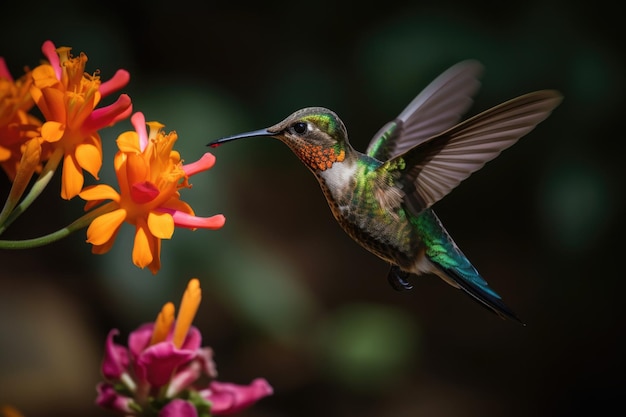 Colibri planant tout en se nourrissant d'une fleur colorée créée avec une IA générative