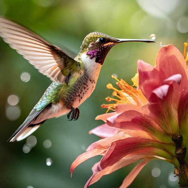 Un colibri plane devant une fleur.