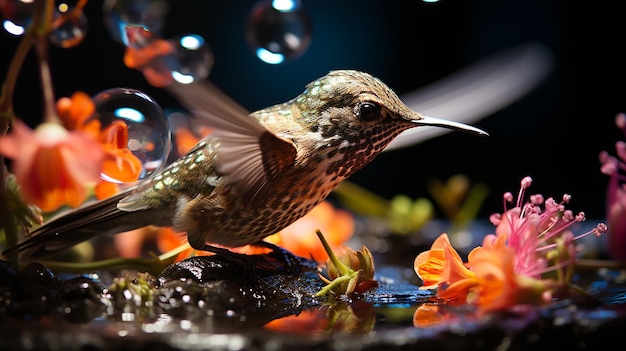 un colibri prend un bain dans un bol en verre aux fleurs d'oranger.