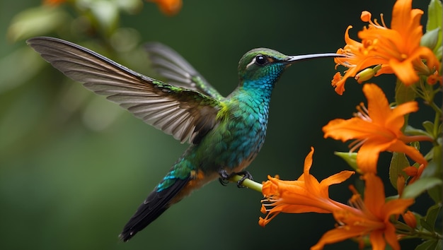 Colibri à queue longue Sylph Aglaiocercus kingi avec une fleur d'orange