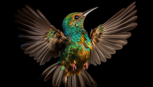 Un colibri qui plane en l'air étend ses ailes des plumes multicolores iridescentes générées par l'IA