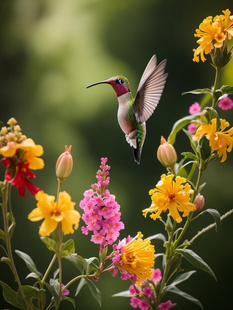 Photo le colibri rugueux aspire le nectar en vol avec un fond vert