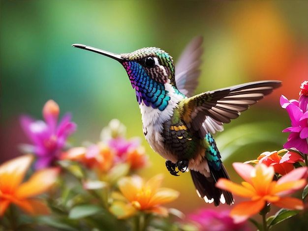 Photo un colibri se nourrissant d'une fleur coloréeai généré