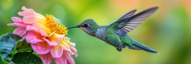 Un colibri se nourrissant de fleurs roses et jaunes en plein air