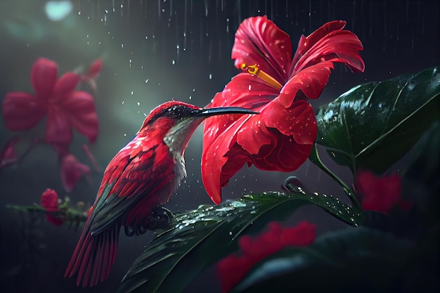 Un colibri sirotant le nectar d'une fleur d'hibiscus rouge vif alors qu'il pleut dans une forêt tropicale