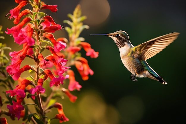 un colibri survolant une fleur à fleurs rouges
