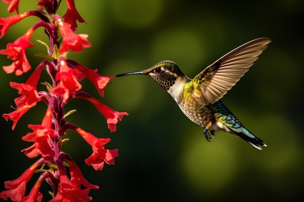 un colibri survolant une fleur rouge