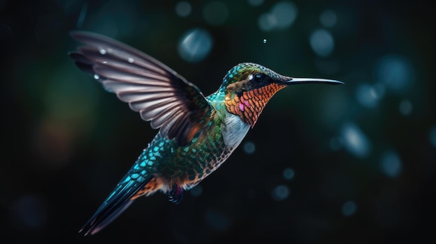 Un colibri avec une tête bleue et verte et des ailes déployées.