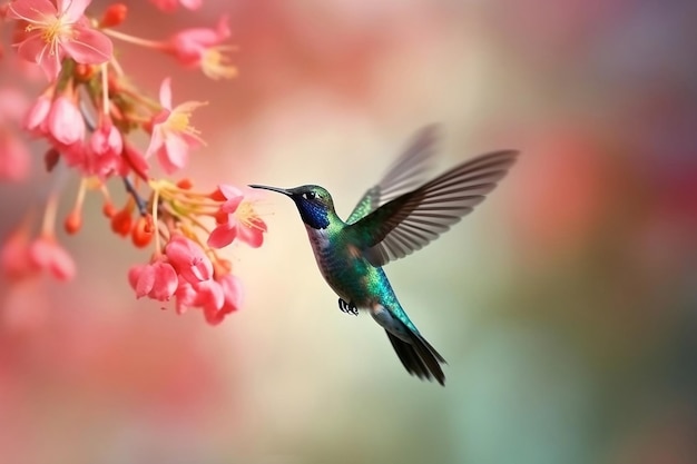 Colibri en vol avec un plumage irisé coloré et une ai générative floue