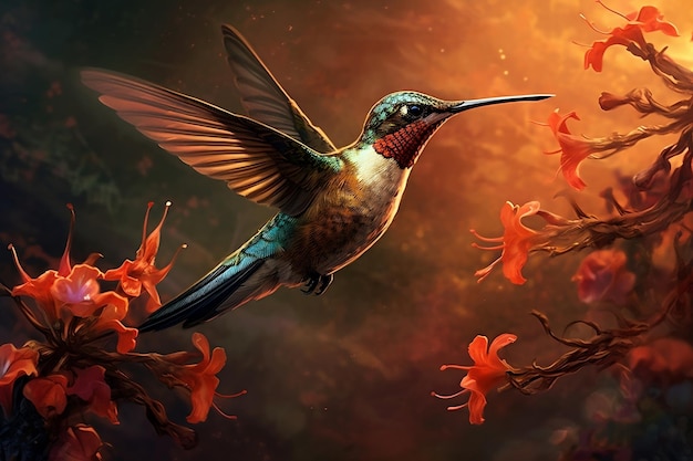 Un colibri en vol qui collecte du nectar