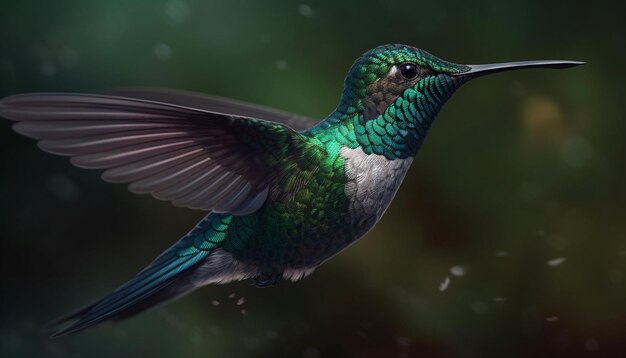 Un colibri en vol stationnaire déploie des ailes irisées dans un portrait naturel vibrant généré par l'intelligence artificielle