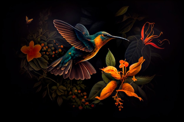 Un colibri volant au-dessus d'une fleur avec un fond sombre