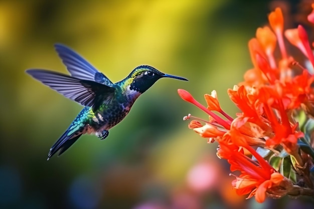 un colibri volant au-dessus d'une fleur avec ses ailes déployées