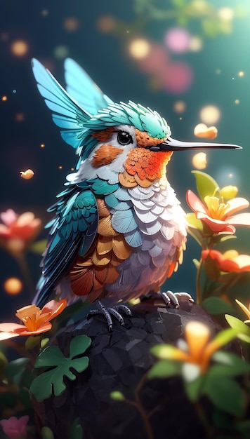 Un colibri volant coloré avec un fond coloré