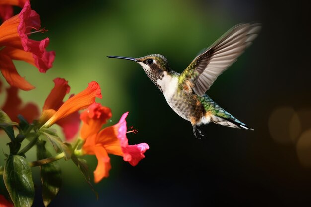 Un colibri volant à côté d'une fleur