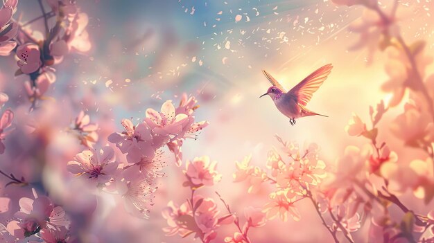 Un colibri volant parmi les branches de cerises en fleurs un ciel de rêve pastel