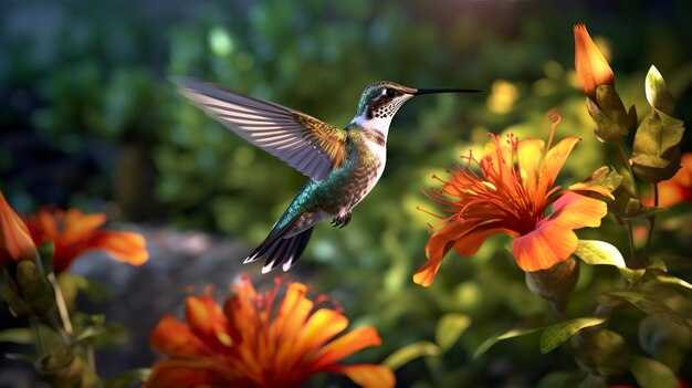 Colibri volant pour ramasser le nectar d'une belle fleur Illustration numérique AI Générative