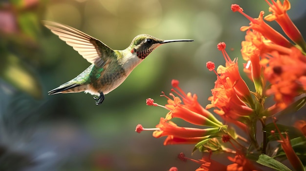 Colibri volant pour ramasser le nectar d'une belle fleur Illustration numérique AI Générative