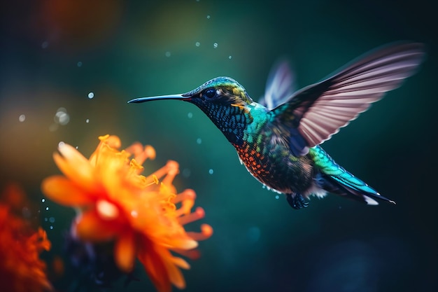 Un colibri volant près d'une fleur avec un fond vert