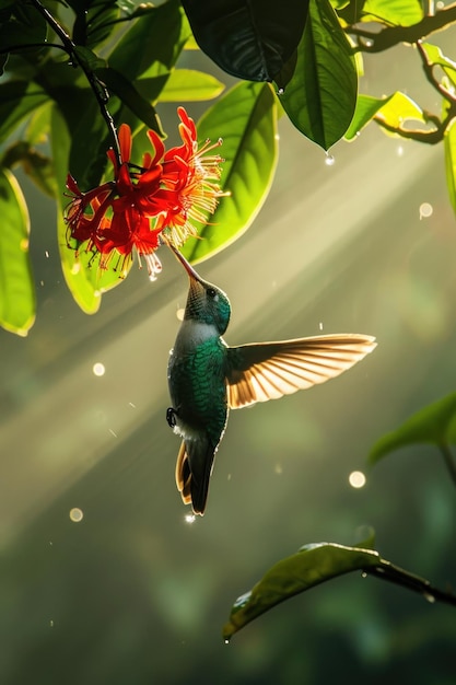 Un colibri volant près d'une fleur rouge dans la forêt tropicale avec une lumière brumeuse