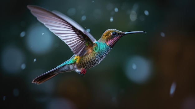 Un colibri volant sous la pluie