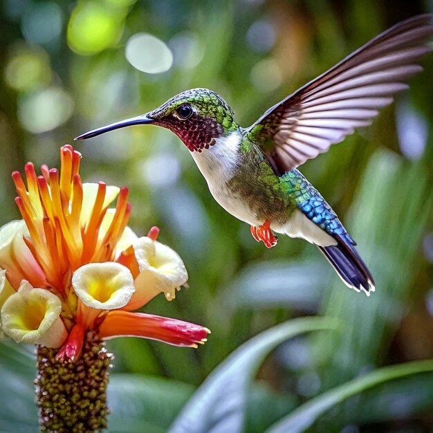 Un colibri vole au-dessus d'une fleur