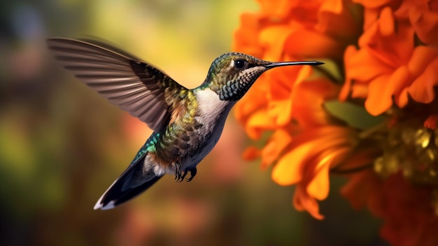 Un colibri vole à côté d'une fleur